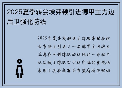 2025夏季转会埃弗顿引进德甲主力边后卫强化防线
