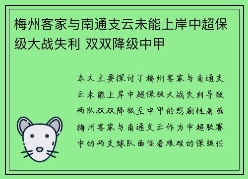 梅州客家与南通支云未能上岸中超保级大战失利 双双降级中甲 梅州客家与南通支云未能上岸中超保级大战失利 双双降级中甲